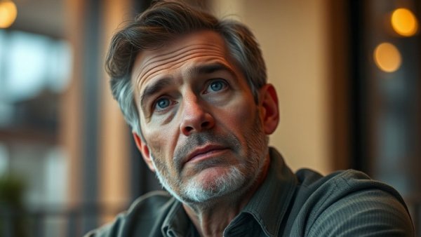 Middle-aged man indoors, thoughtful expression, warm lighting.