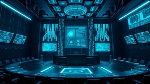 Futuristic AI legal system interface, digital courtroom scene.