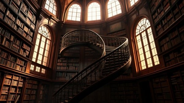 Majestic spiral staircase in an ancient library with sunlight streaming.