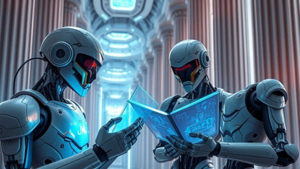 Futuristic robots examining holographic scrolls in a modern setting.