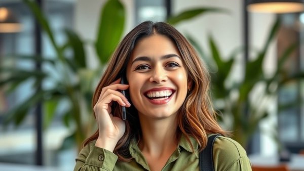 Cheerful young woman discussing AI voice for business on phone.