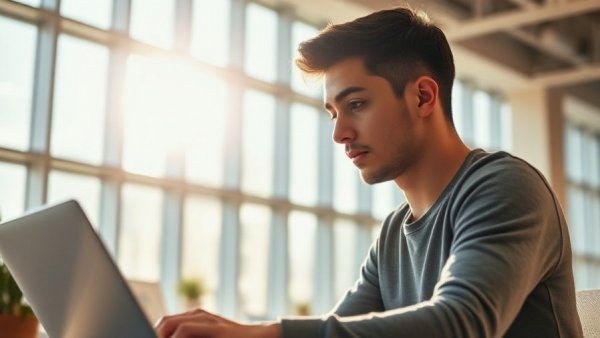 Young man working on a laptop in sunlit office, measuring AI ROI.