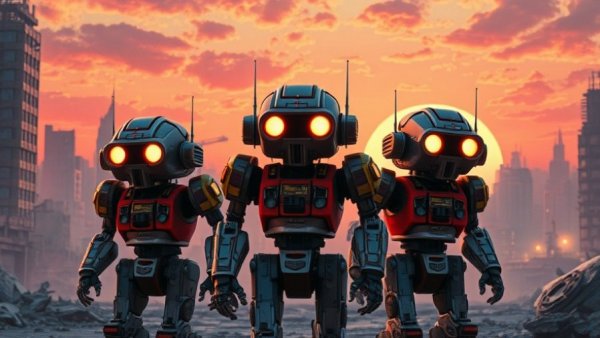 Retro-futuristic robots in dystopian city, hidden cost of agentic failure.