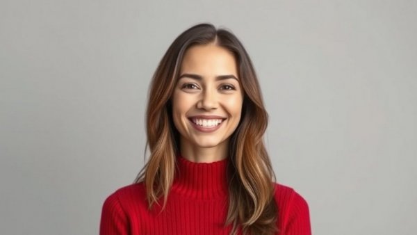Portrait of a smiling woman in red, showcasing AI for lawyers.