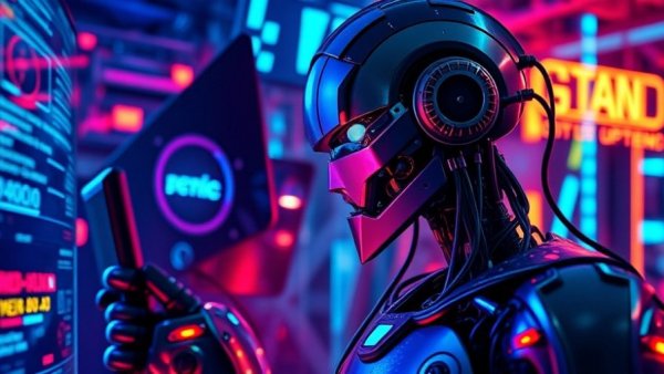 Futuristic robot focused on digital interface, illustrating memory engineering in multi-agent systems.