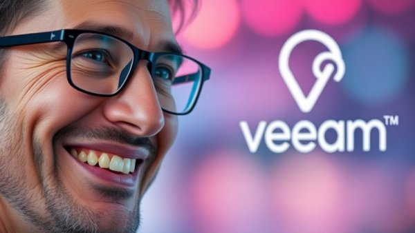 Smiling man with glasses next to Veeam logo, colorful background.