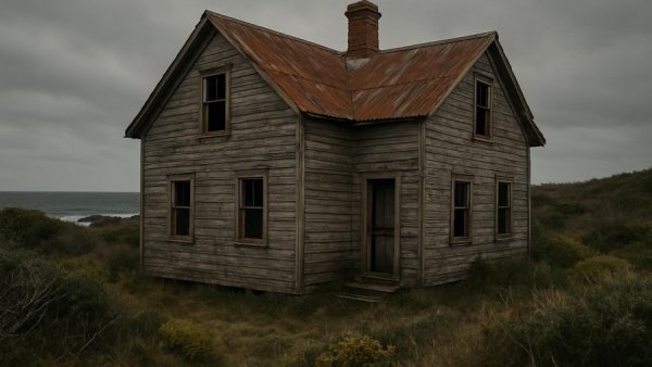 Weathered abandoned house near the coast with cloudy sky.