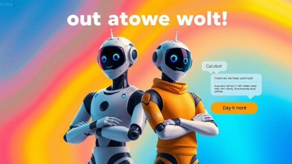 Vibrant AI chatbot service advertisement with characters.