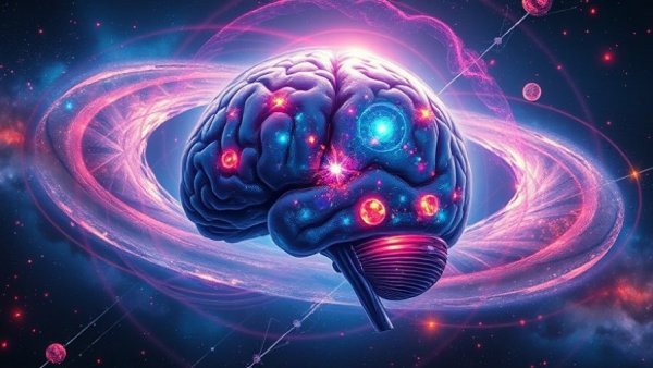 Surreal cosmic brain planet in galaxy scene representing AI for auto dealers