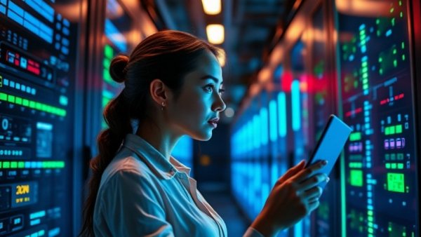 Capacity Planning in AI Infrastructure: Woman analyzing data in server room.