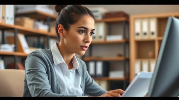 Young professional analyzing data on computer in modern office.