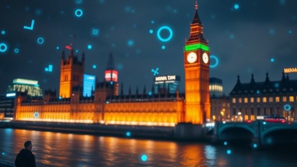 Futuristic digital network over London, AI companies data payment concept.