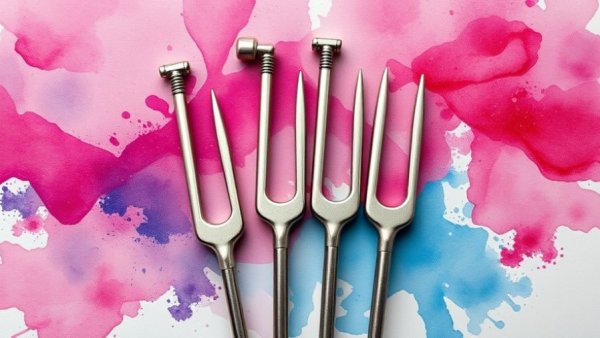 Artistic illustration of tuning forks on a colorful watercolor background