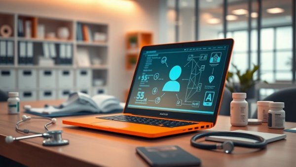 Sleek orange laptop with AI agent screen on modern office desk.
