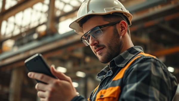 Worker using Push-to-Talk 2.0 for Business Communication in a factory.