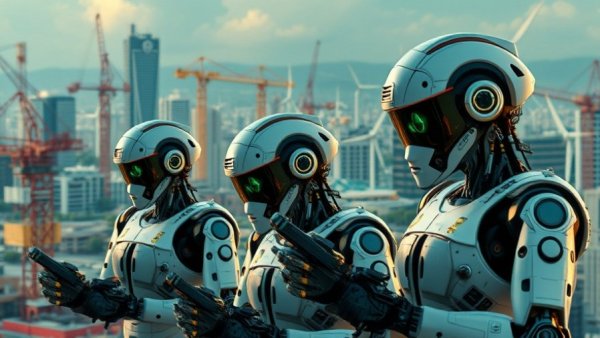 Next Phase of AI Agents: Futuristic robots constructing a green city.