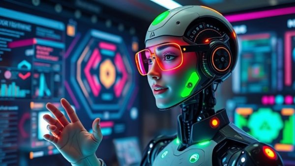 Futuristic AI voice agent in a digital workspace.