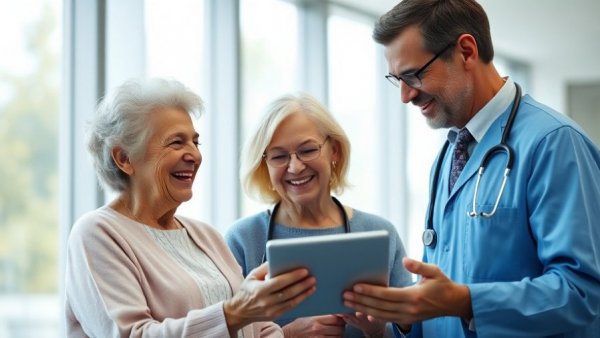 Doctor and elderly patient interacting with a tablet in a medical office.