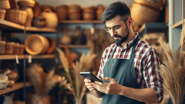 Shopkeeper using AI voice solutions in a retail setting