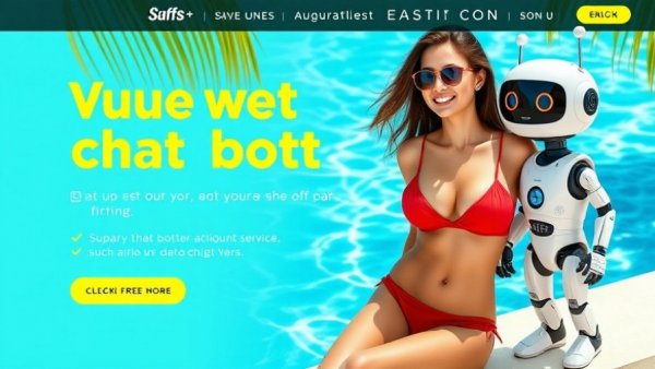 Chatbot service advertisement with animated characters.