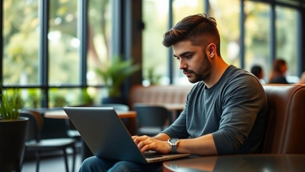 Young man using laptop in modern cafe, related to conversational AI in banking.