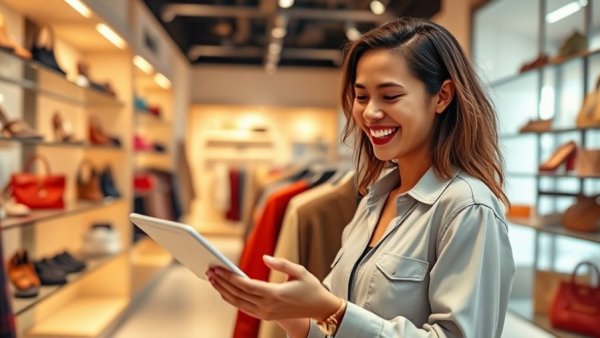 Woman using tablet in clothing store showcasing retail customer experience strategies.