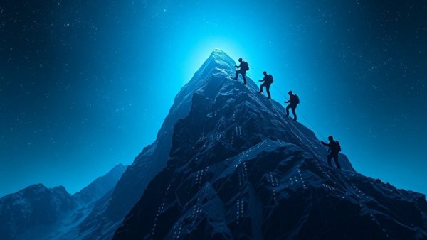 Digital climbers on a code mountain at night.