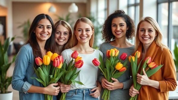 Group of women in an office setting holding tulips, smiling together.