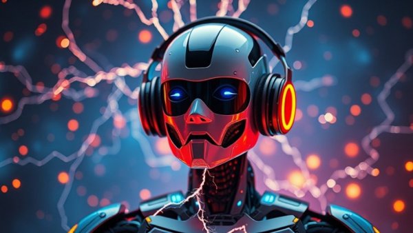 Futuristic robot with headphones and sparks, cosmic colors, AI Disruption in Open Source Collaboration.