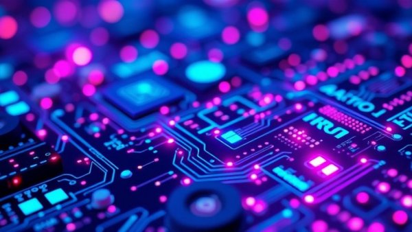 Futuristic AI concept with neon blues and purples representing technology.