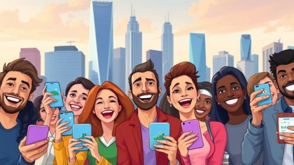 Diverse crowd in city with smartphones displaying tech apps, AI model preferences and biases.