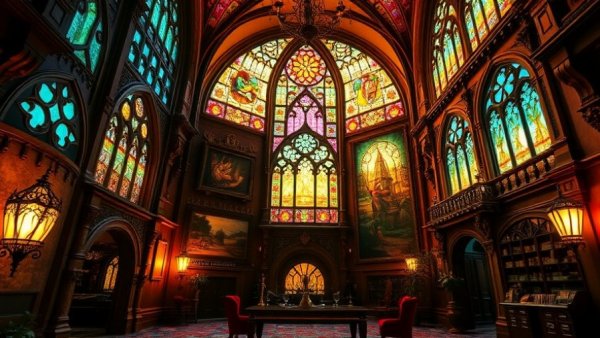 Surreal mansion interior with vibrant stained glass lighting
