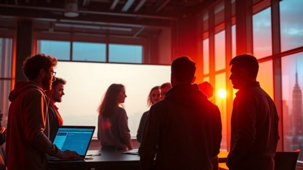 Silhouetted software engineers collaborate in a modern tech office with city view.