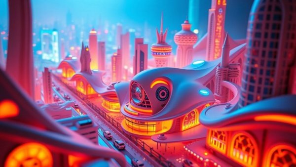 Futuristic cityscape model representing Architecture as Code in Agentic AI, vibrant design.