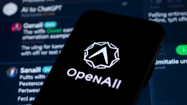 OpenAI logo on smartphone with blurred ChatGPT interface, AI Voice Agents for Business.