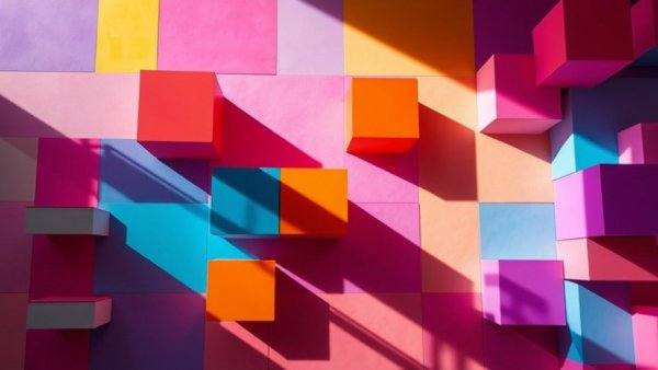 Colorful geometric abstract art with cubes and dynamic shadows