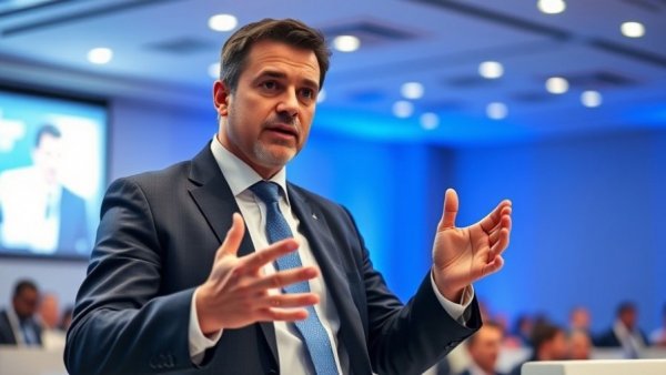 Business leader at conference discussing AI Voice for Business.