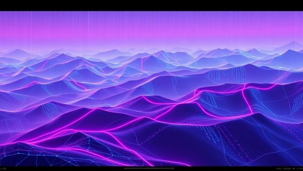 Futuristic digital landscape with flowing code grids.
