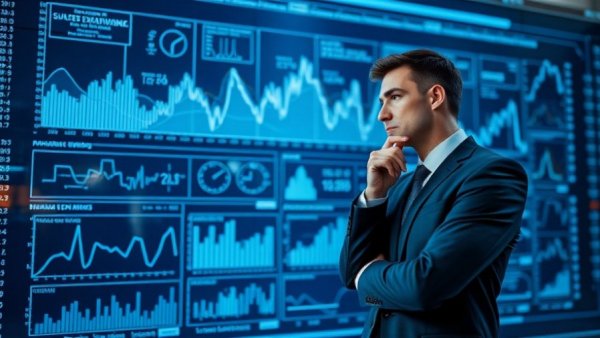 Business professional analyzes digital financial charts, AI voice agents for business.