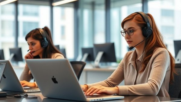 Call center operators using laptops in modern office