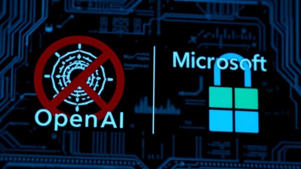 AI Voice for Business: OpenAI and Microsoft logos, padlock, prohibition symbols.