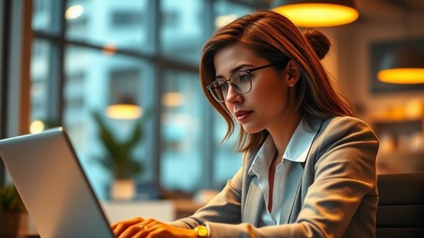 Businesswoman using AI voice agents for business in modern office.