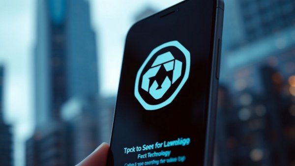 Smartphone displaying technology logo with cityscape background.