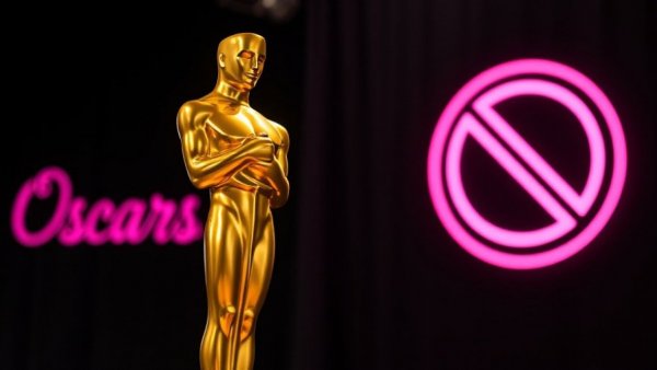Oscar award statue with text and prohibition symbol.