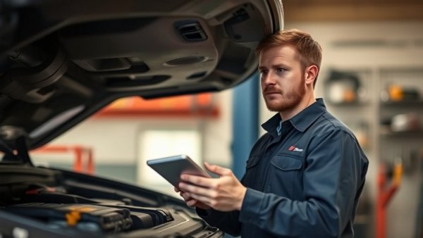 Mechanic inspecting car with AI tools, AI Voice for Business