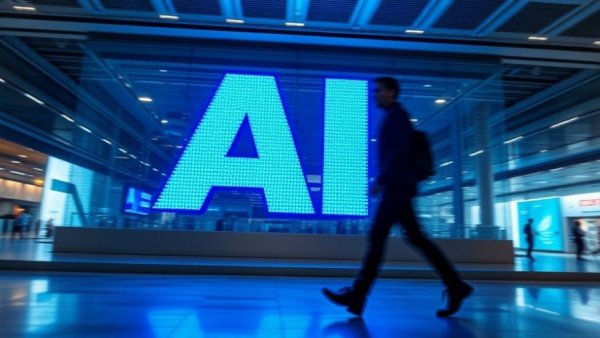 Futuristic AI signage with motion blur in modern corporate setting.