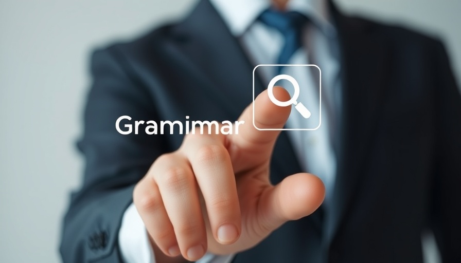 Hand touching grammar icon with teamwork symbol; AI grammar checkers.