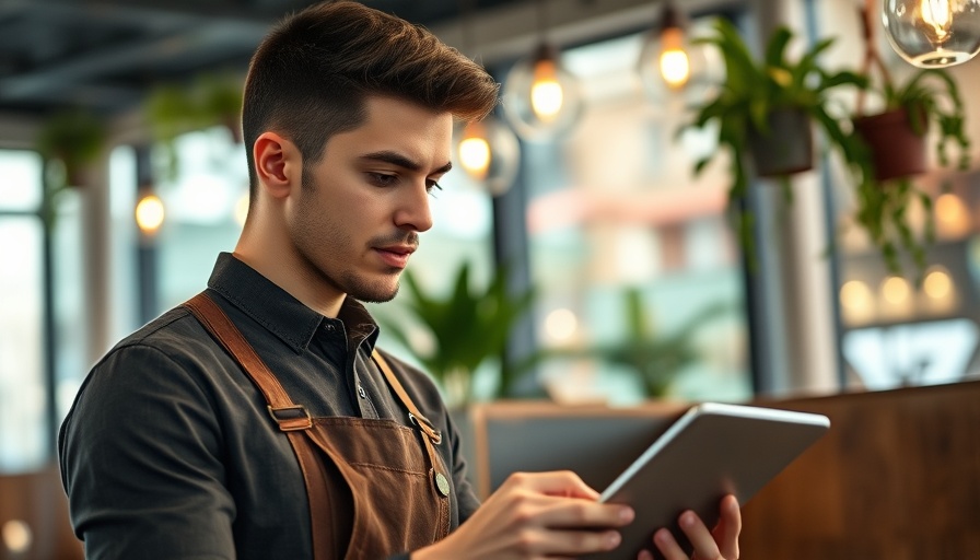 Waiter in a cafe using a tablet for customer service management.