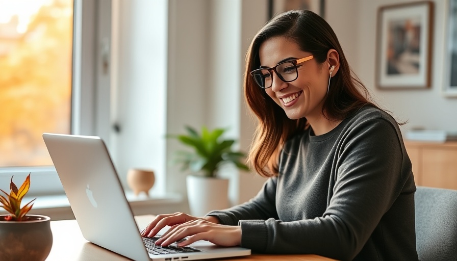 Smiling woman using AI voice agents for business on laptop indoors.