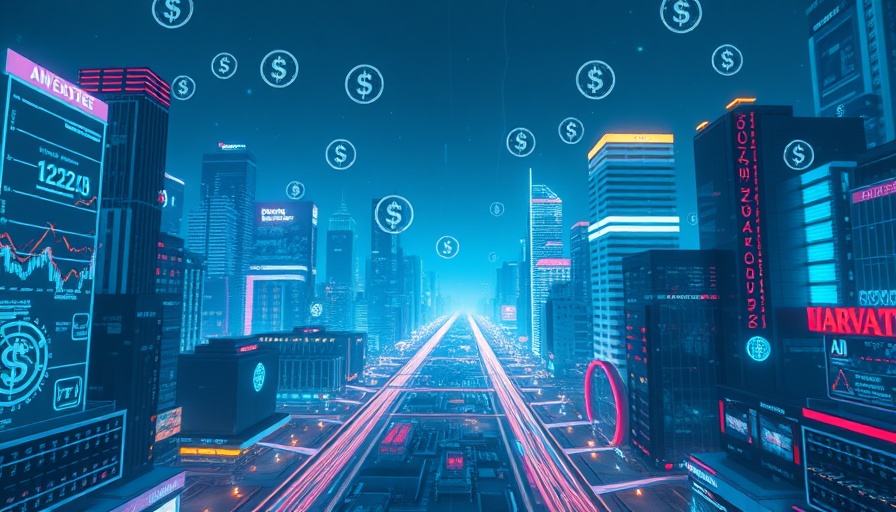 Futuristic cityscape with AI investment elements.